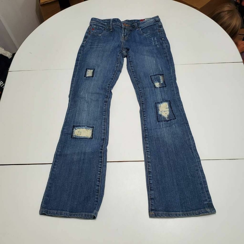 Seven7 Womens Flare Jeans Blue Dark Wash Pockets Distressed Denim 28